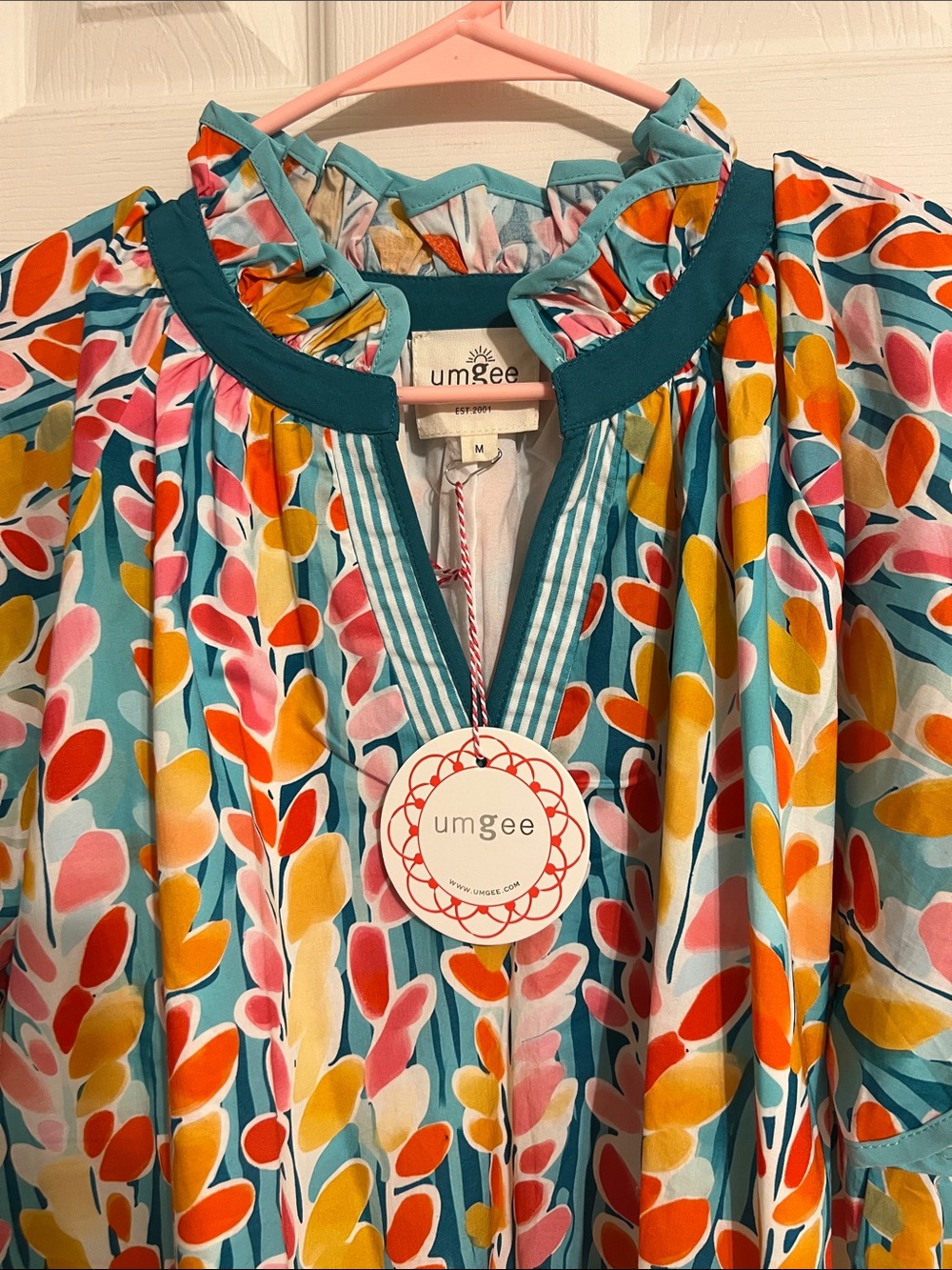 Umgee Multicolor Leaf Print Dress - Teal, Pink, Yellow, Orange - Picture 2 of 4